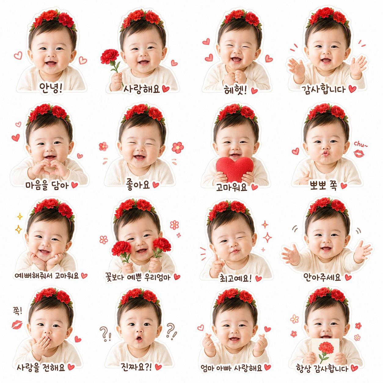 Mother's Day Baby Emoji Pack — ChatGPT Carnation Headband 16-Sticker Prompt