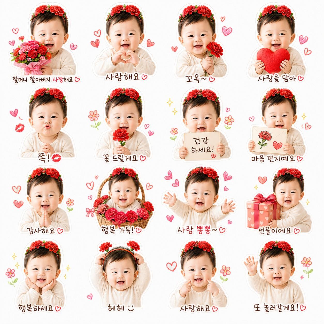 어버이날 할머니 할아버지 아기 이모티콘 — 챗GPT 효도 카네이션 16종 프롬프트